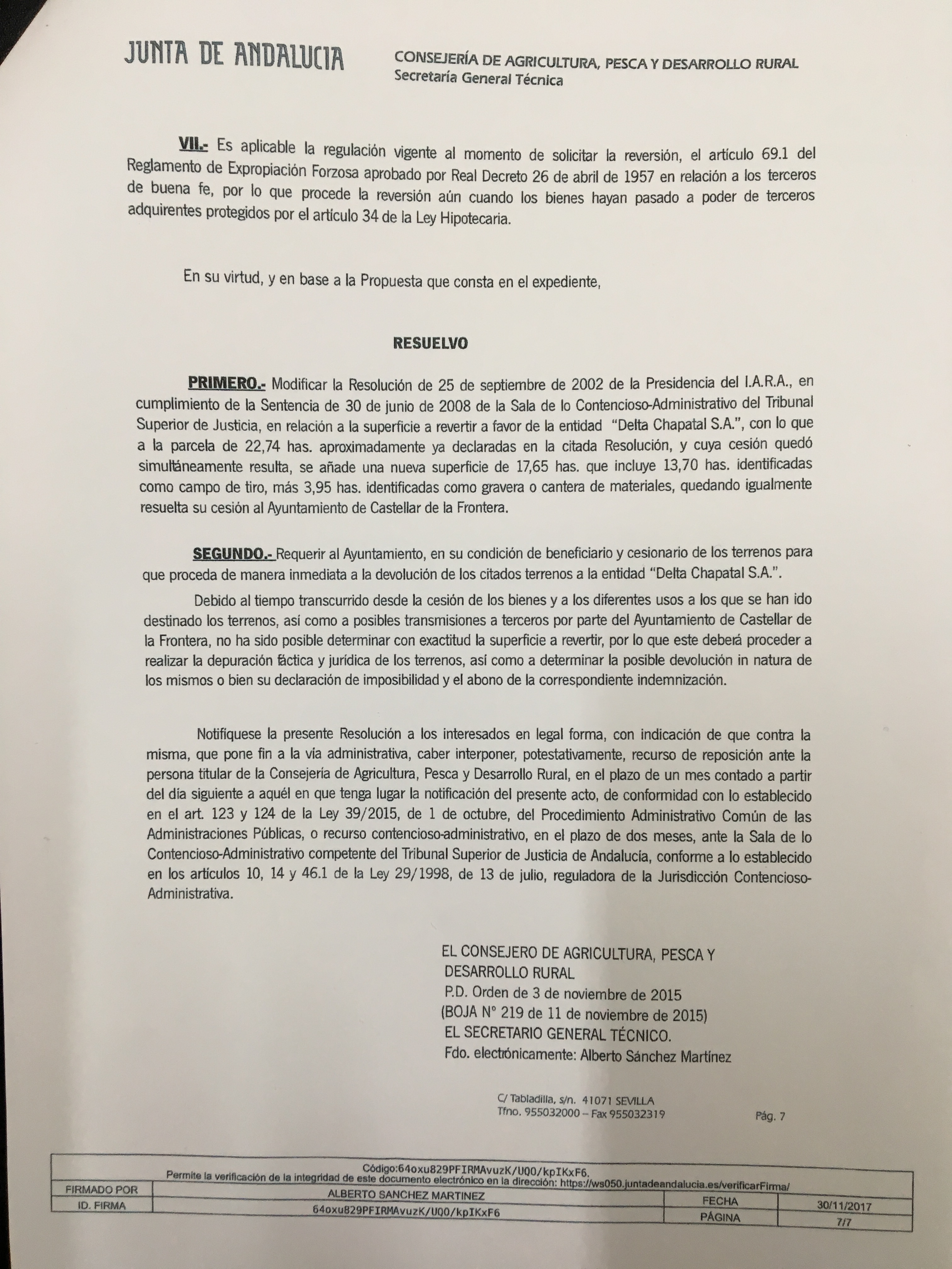 La Junta exige al Ayuntamiento de Castellar la devolución de los terrenos a "Delta Chapatal SA"